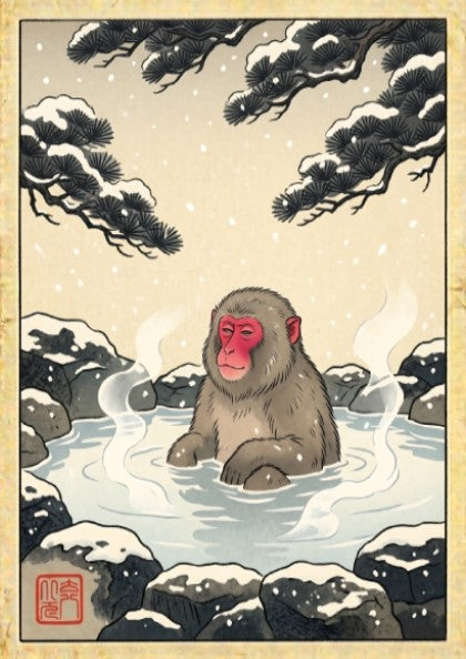 Snow monkey bath poster featuring a serene winter landscape in Japanese art style