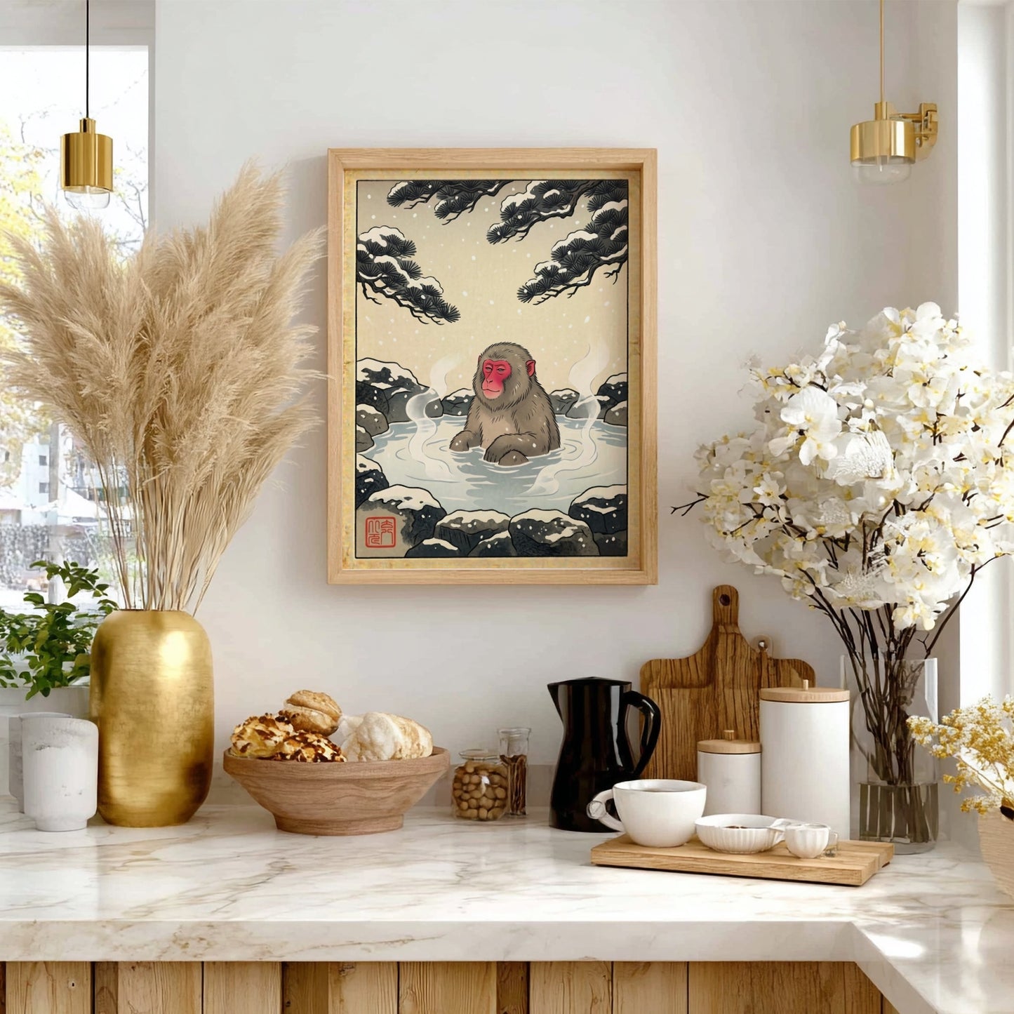 Snow monkey bath poster featuring a serene winter landscape in Japanese art style