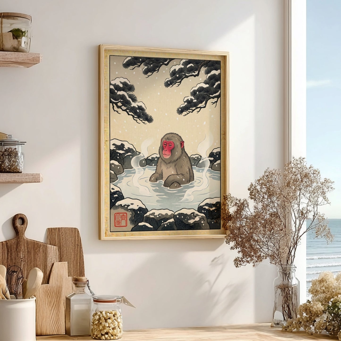 Snow monkey bath poster featuring a serene winter landscape in Japanese art style