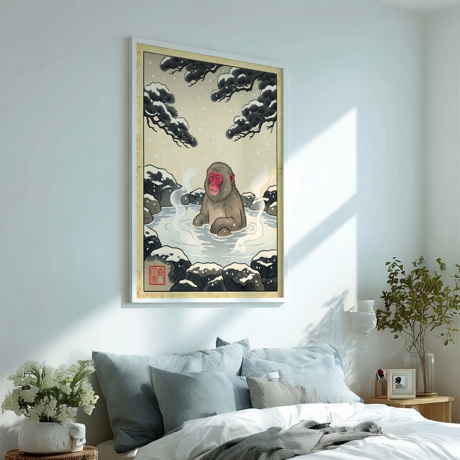 Snow monkey bath poster featuring a serene winter landscape in Japanese art style