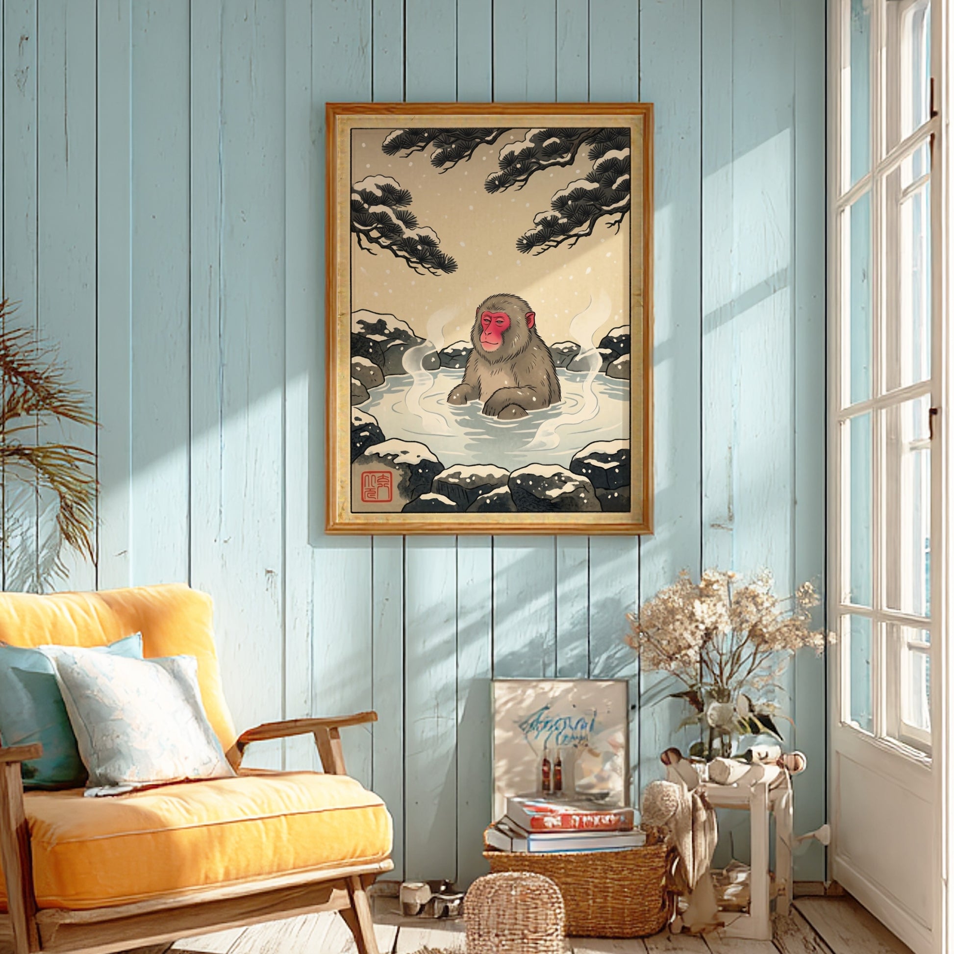 Snow monkey bath poster featuring a serene winter landscape in Japanese art style