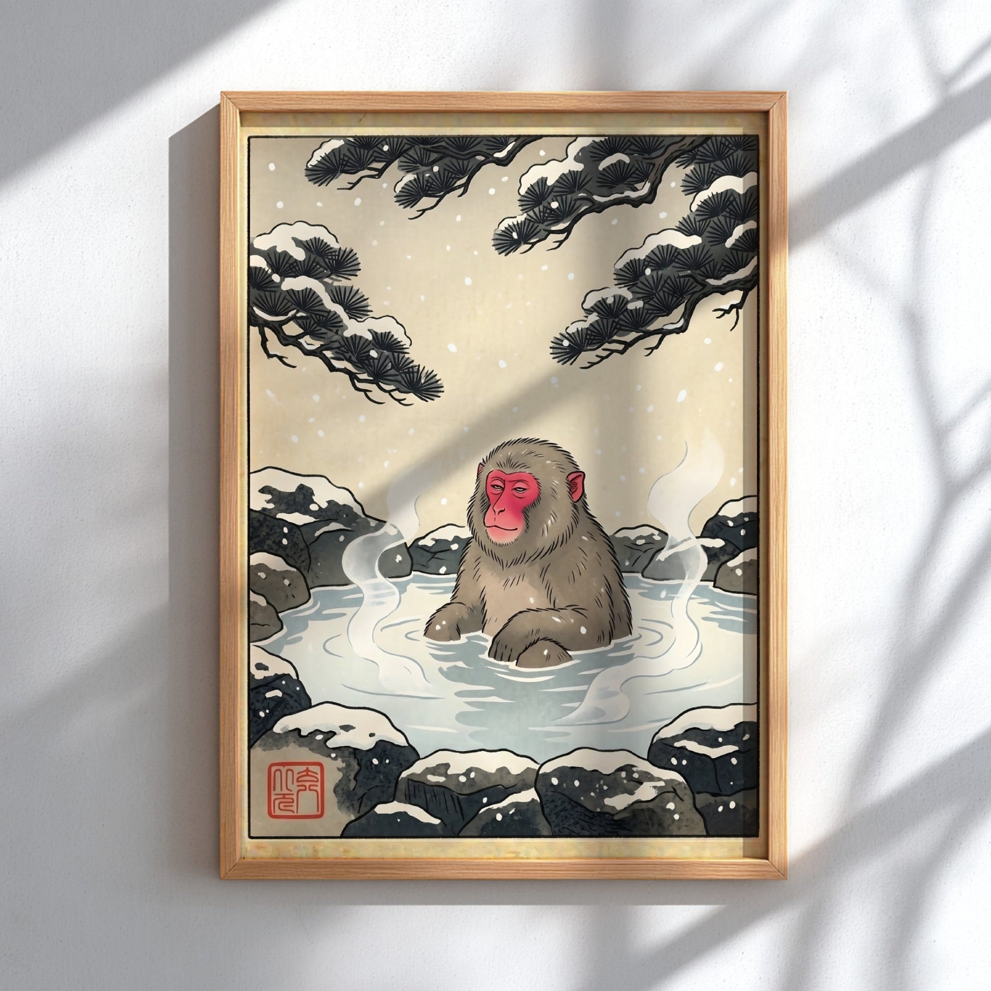 Snow monkey bath poster featuring a serene winter landscape in Japanese art style