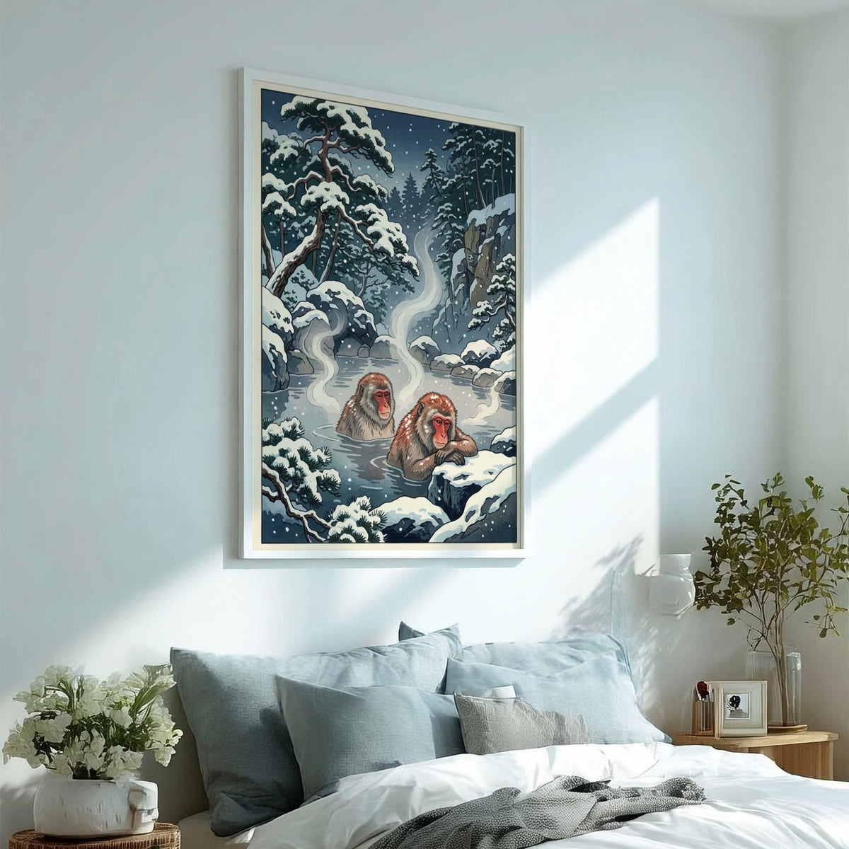 Poster featuring two Japanese snow monkeys bathing in a steaming hot spring surrounded by snow.