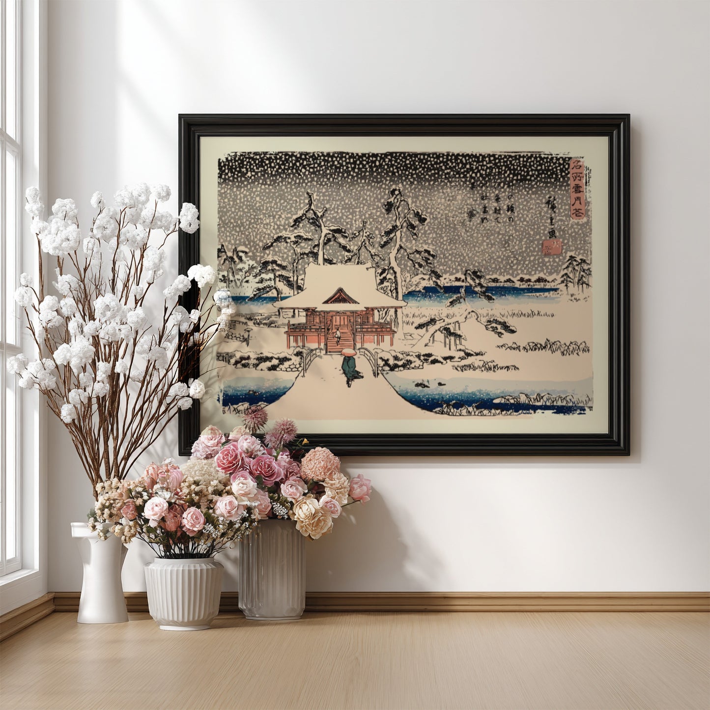 Snow Scene at the Shrine of Benzaiten poster featuring winter landscape and traditional Japanese architecture