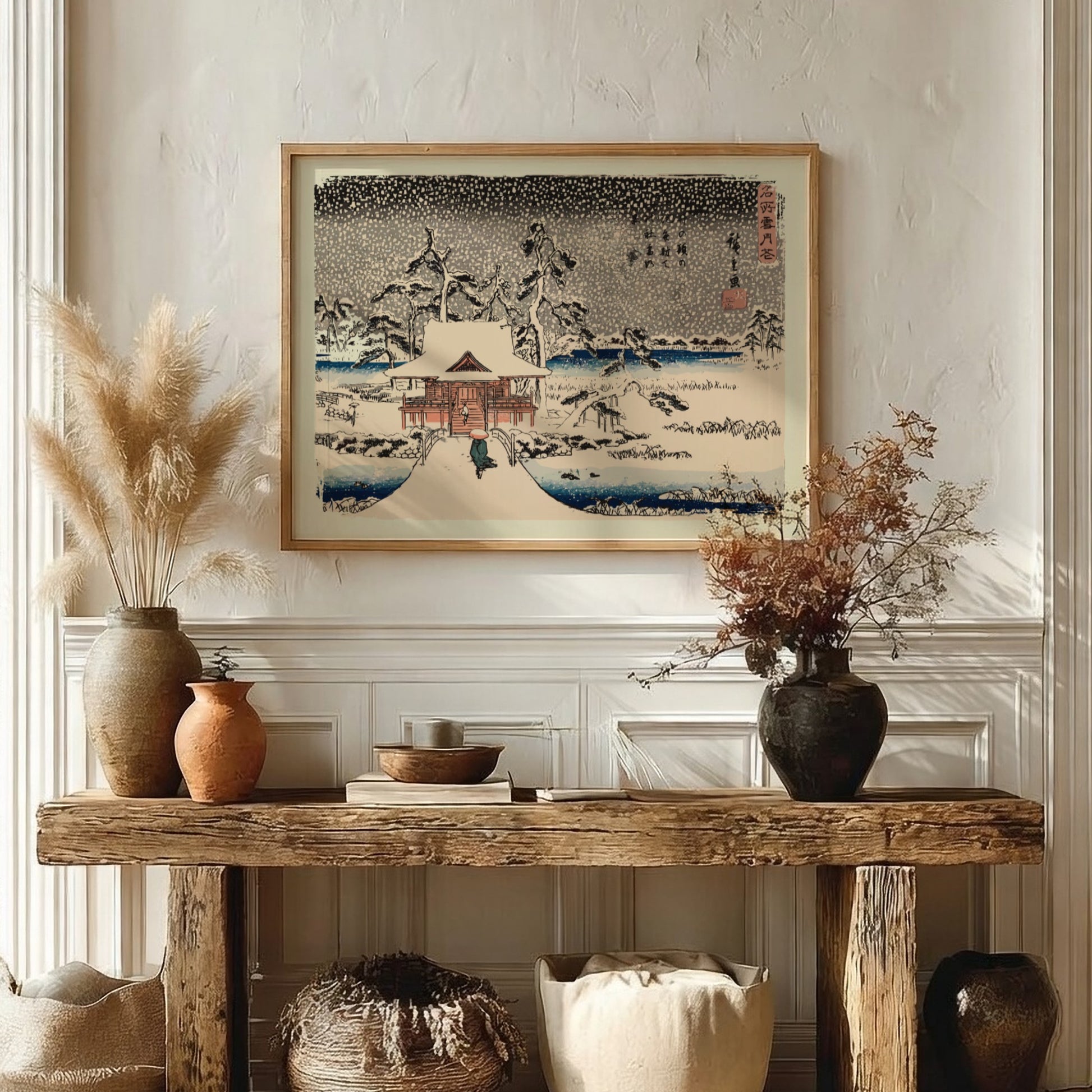 Snow Scene at the Shrine of Benzaiten poster featuring winter landscape and traditional Japanese architecture
