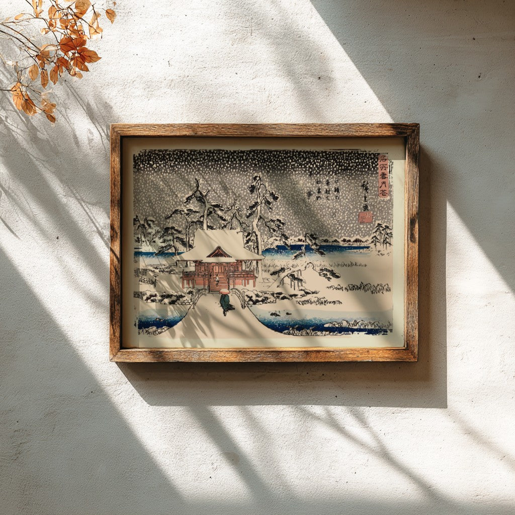 Snow Scene at the Shrine of Benzaiten poster featuring winter landscape and traditional Japanese architecture