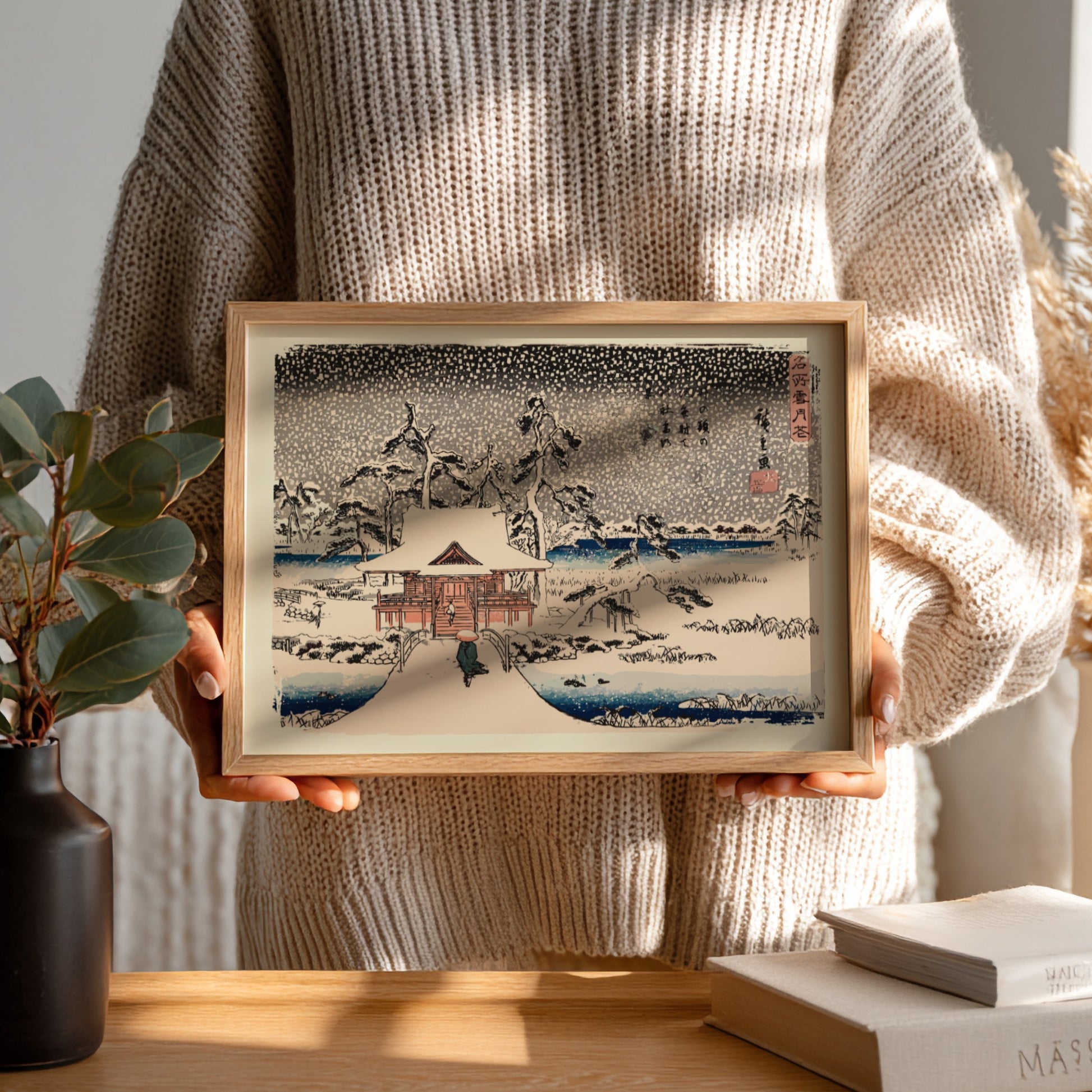Snow Scene at the Shrine of Benzaiten poster featuring winter landscape and traditional Japanese architecture