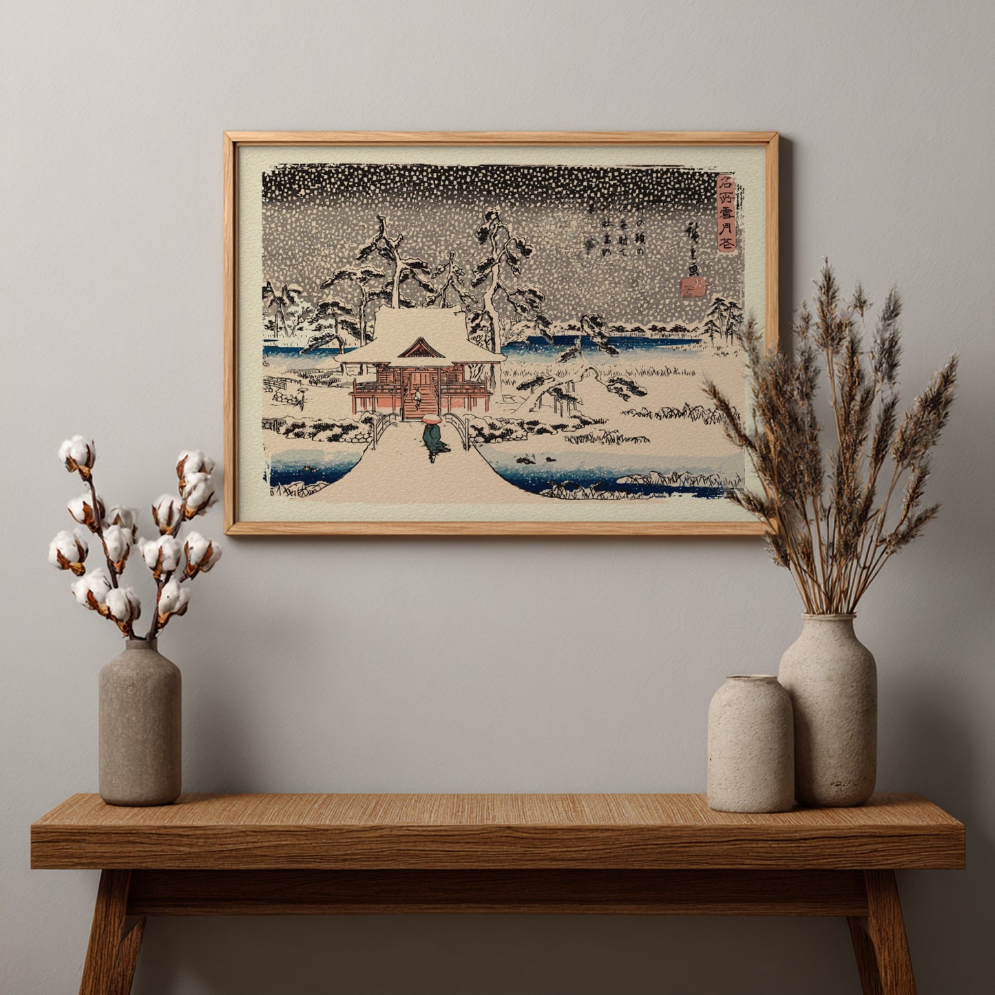 Snow Scene at the Shrine of Benzaiten poster featuring winter landscape and traditional Japanese architecture