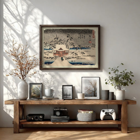 Snow Scene at the Shrine of Benzaiten poster featuring winter landscape and traditional Japanese architecture