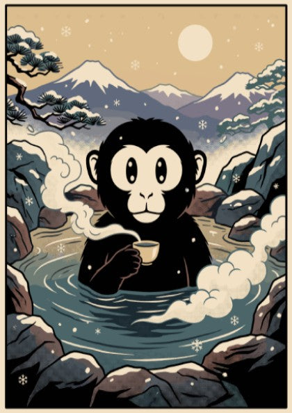 Poster of a black snow monkey holding a teacup in a hot spring