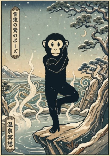 Poster featuring a black snow monkey in a yoga pose near steaming hot springs.