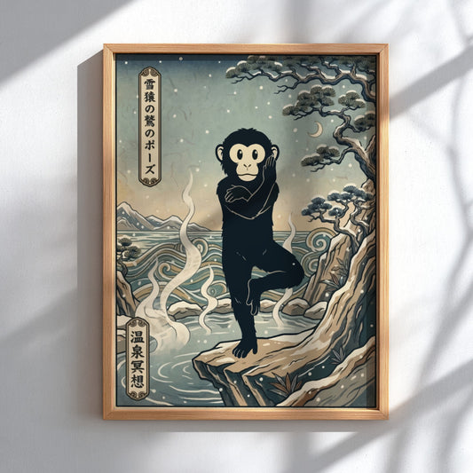 Poster featuring a black snow monkey in a yoga pose near steaming hot springs.