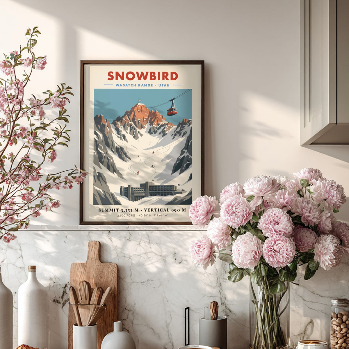 Snowbird poster featuring a red tram, snow-covered mountains, and skiers in the Wasatch Range.