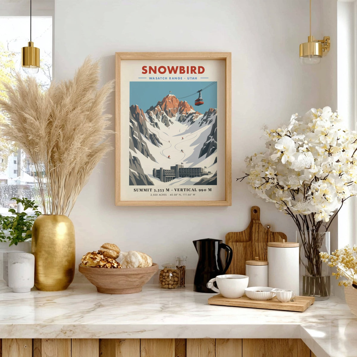 Snowbird poster featuring a red tram, snow-covered mountains, and skiers in the Wasatch Range.