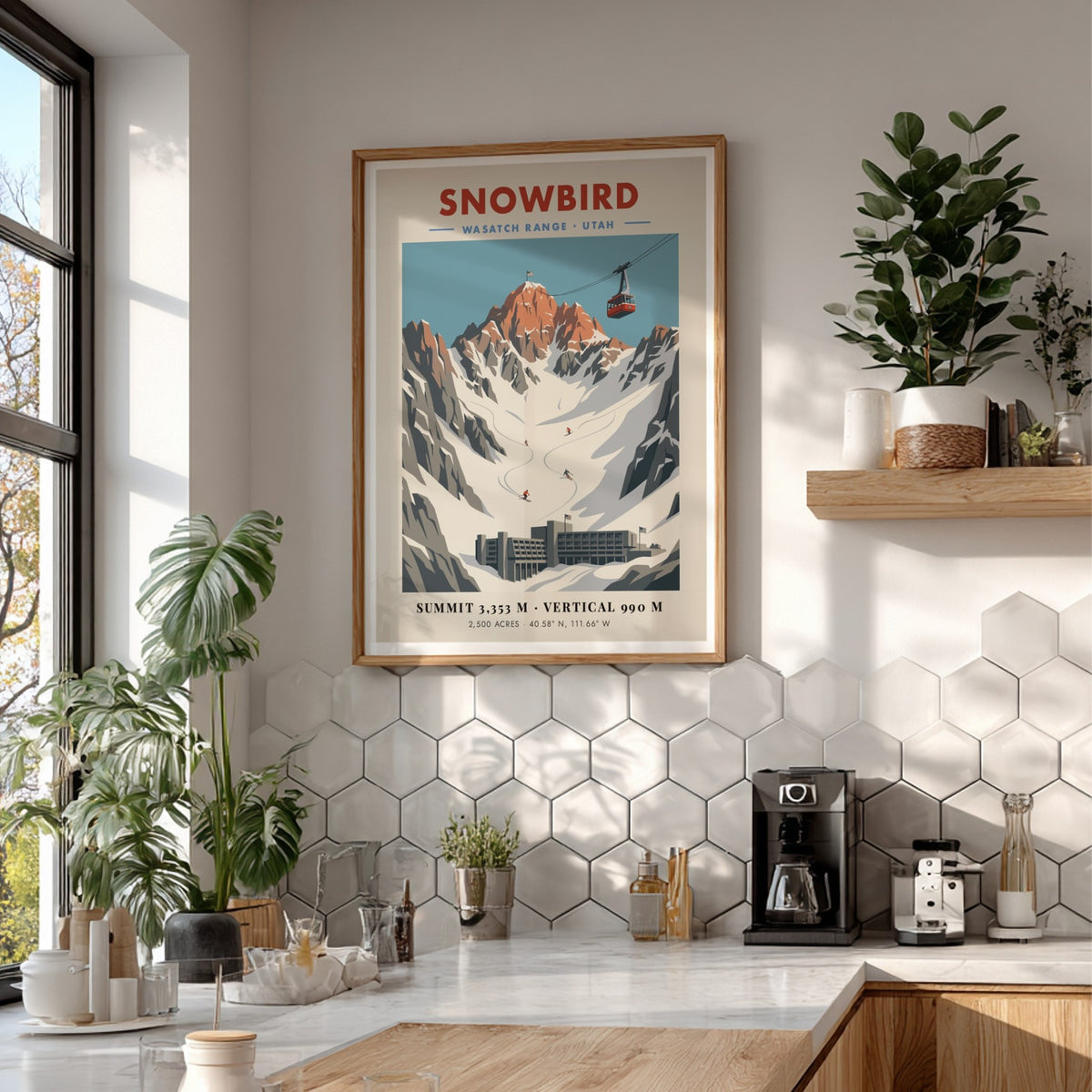 Snowbird poster featuring a red tram, snow-covered mountains, and skiers in the Wasatch Range.