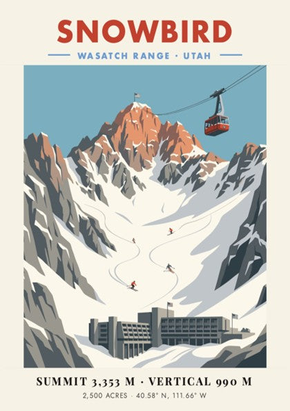 Snowbird poster featuring a red tram, snow-covered mountains, and skiers in the Wasatch Range.