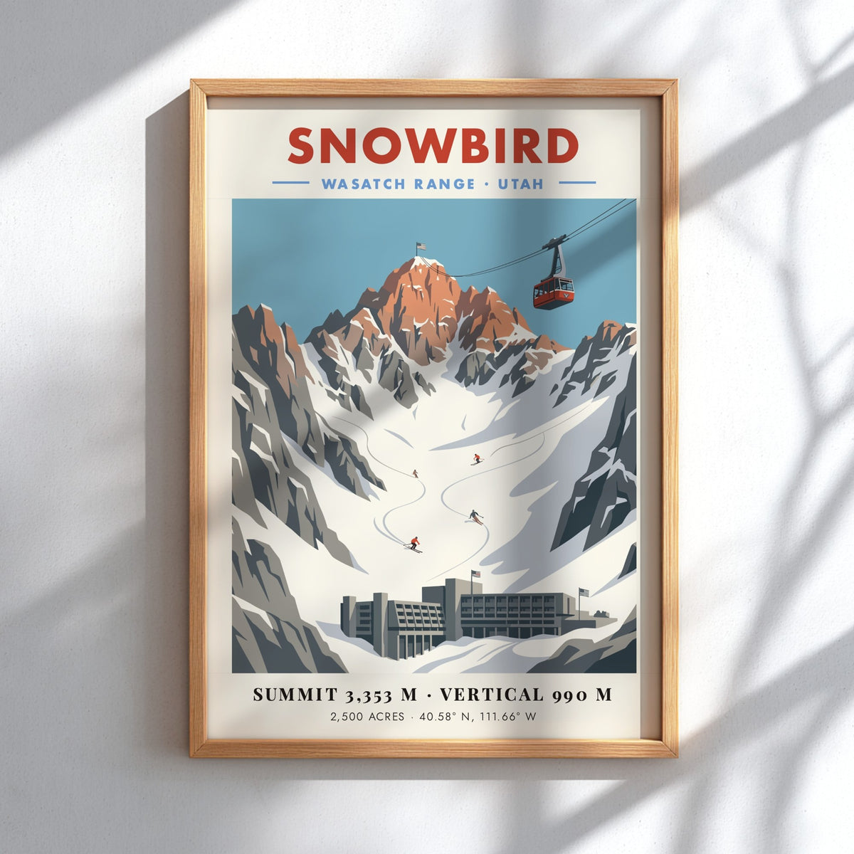 Snowbird poster featuring a red tram, snow-covered mountains, and skiers in the Wasatch Range.