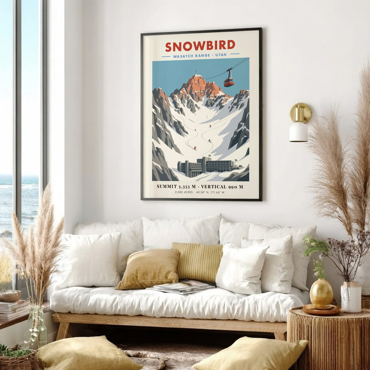 Snowbird poster featuring a red tram, snow-covered mountains, and skiers in the Wasatch Range.