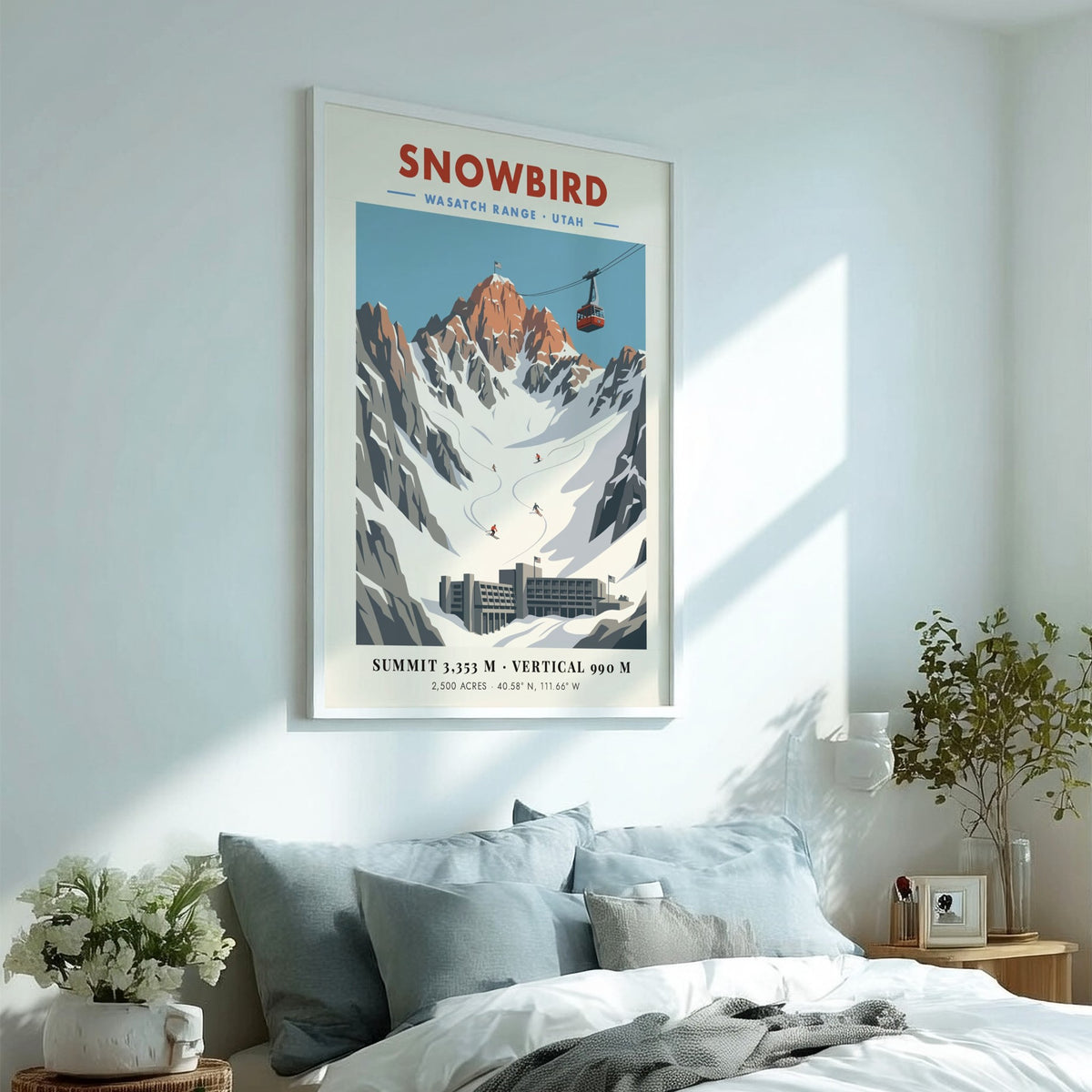 Snowbird poster featuring a red tram, snow-covered mountains, and skiers in the Wasatch Range.