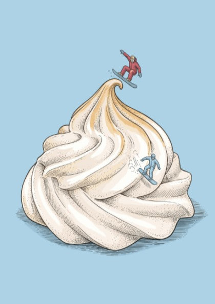 Poster featuring two tiny snowboarders riding down a giant swirled meringue mountain peak.