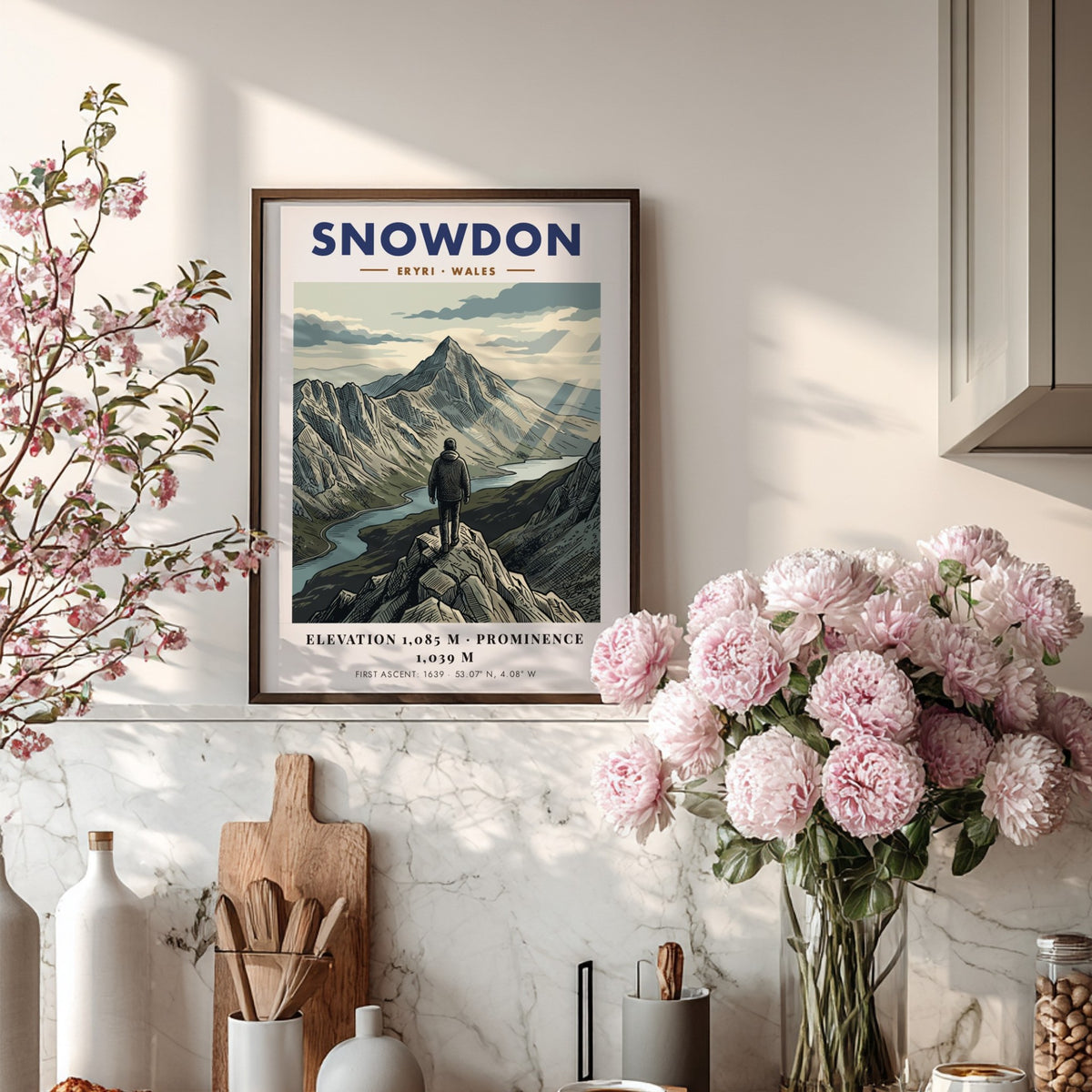 Poster featuring a lone hiker looking at the Snowdon mountain peak in Wales