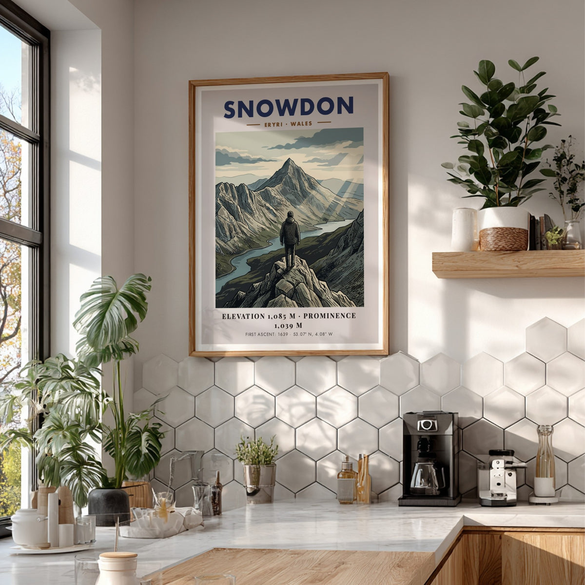 Poster featuring a lone hiker looking at the Snowdon mountain peak in Wales