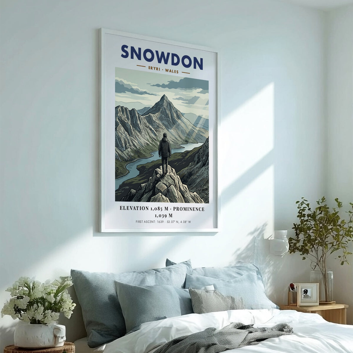 Poster featuring a lone hiker looking at the Snowdon mountain peak in Wales