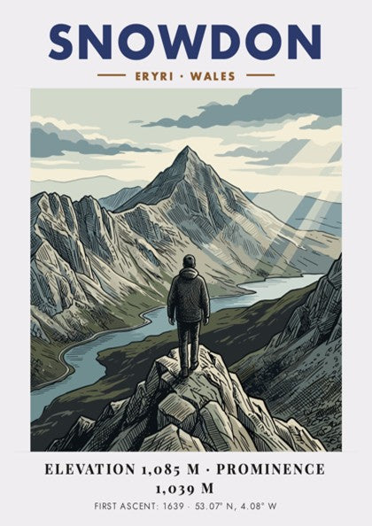 Poster featuring a lone hiker looking at the Snowdon mountain peak in Wales