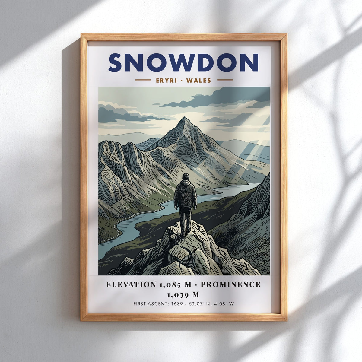 Poster featuring a lone hiker looking at the Snowdon mountain peak in Wales