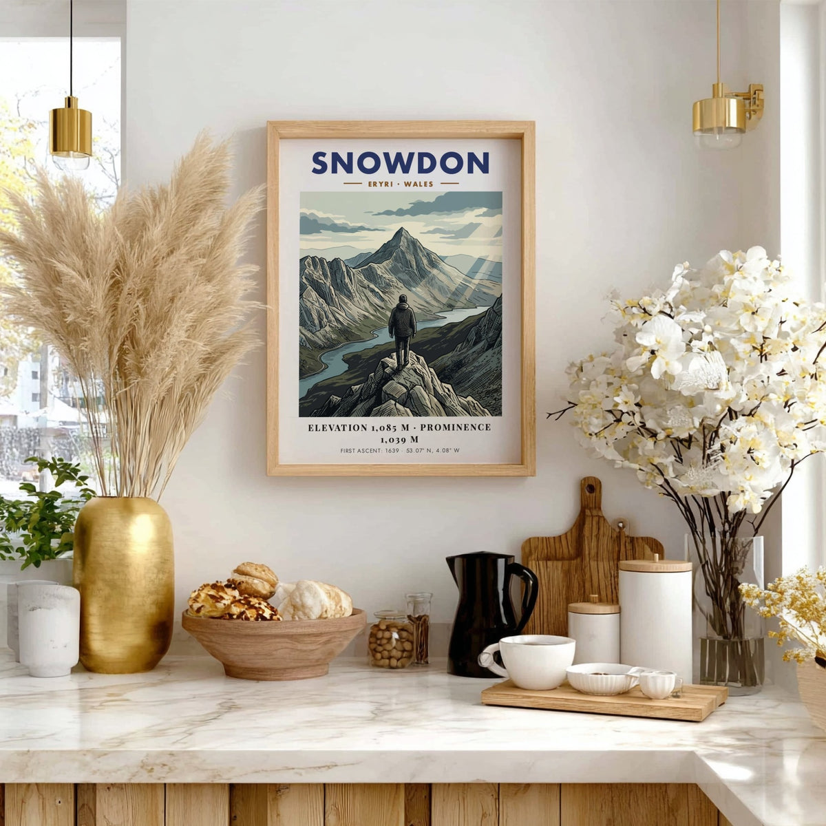 Poster featuring a lone hiker looking at the Snowdon mountain peak in Wales