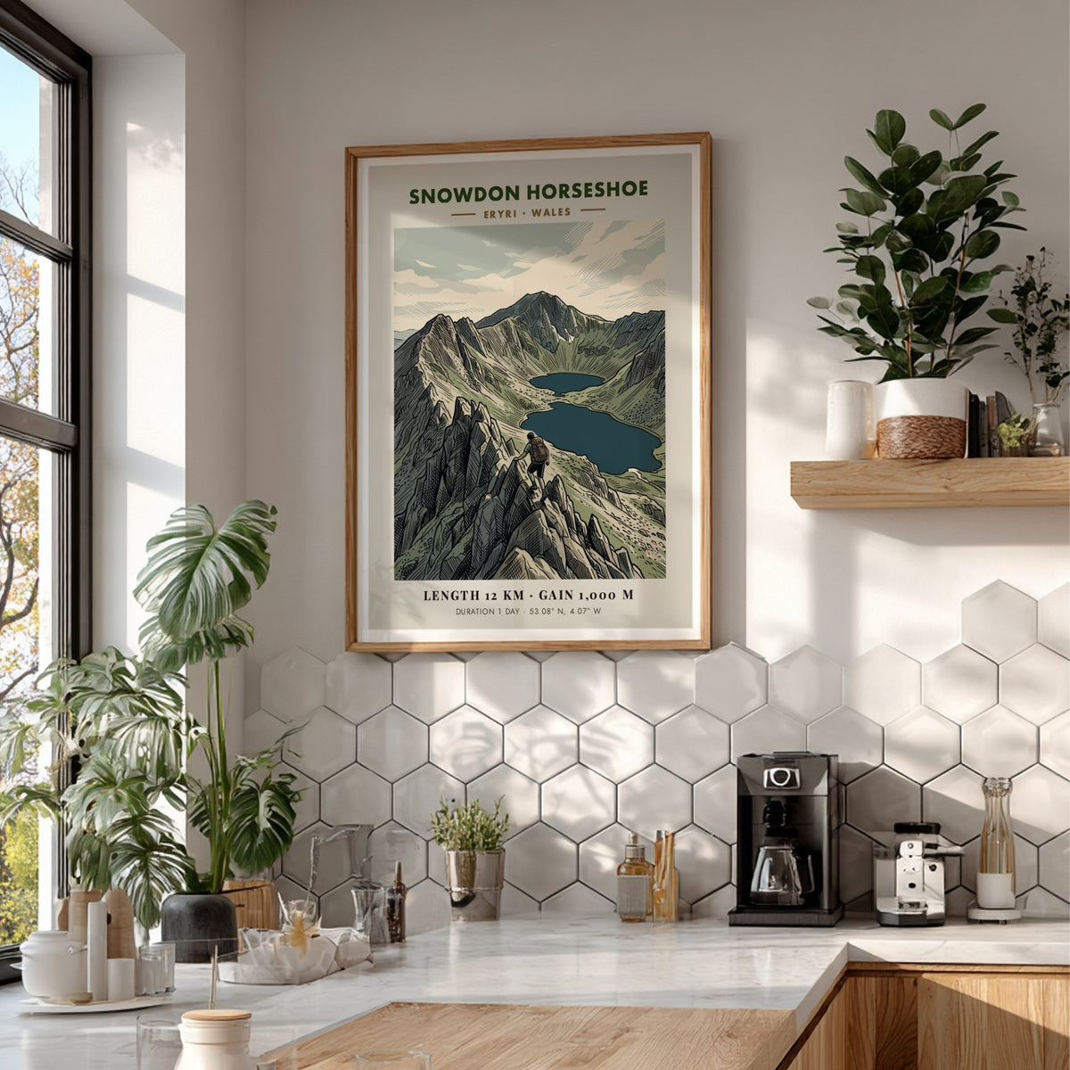 Hiking poster featuring the Snowdon Horseshoe in Eryri Wales with a lone climber.