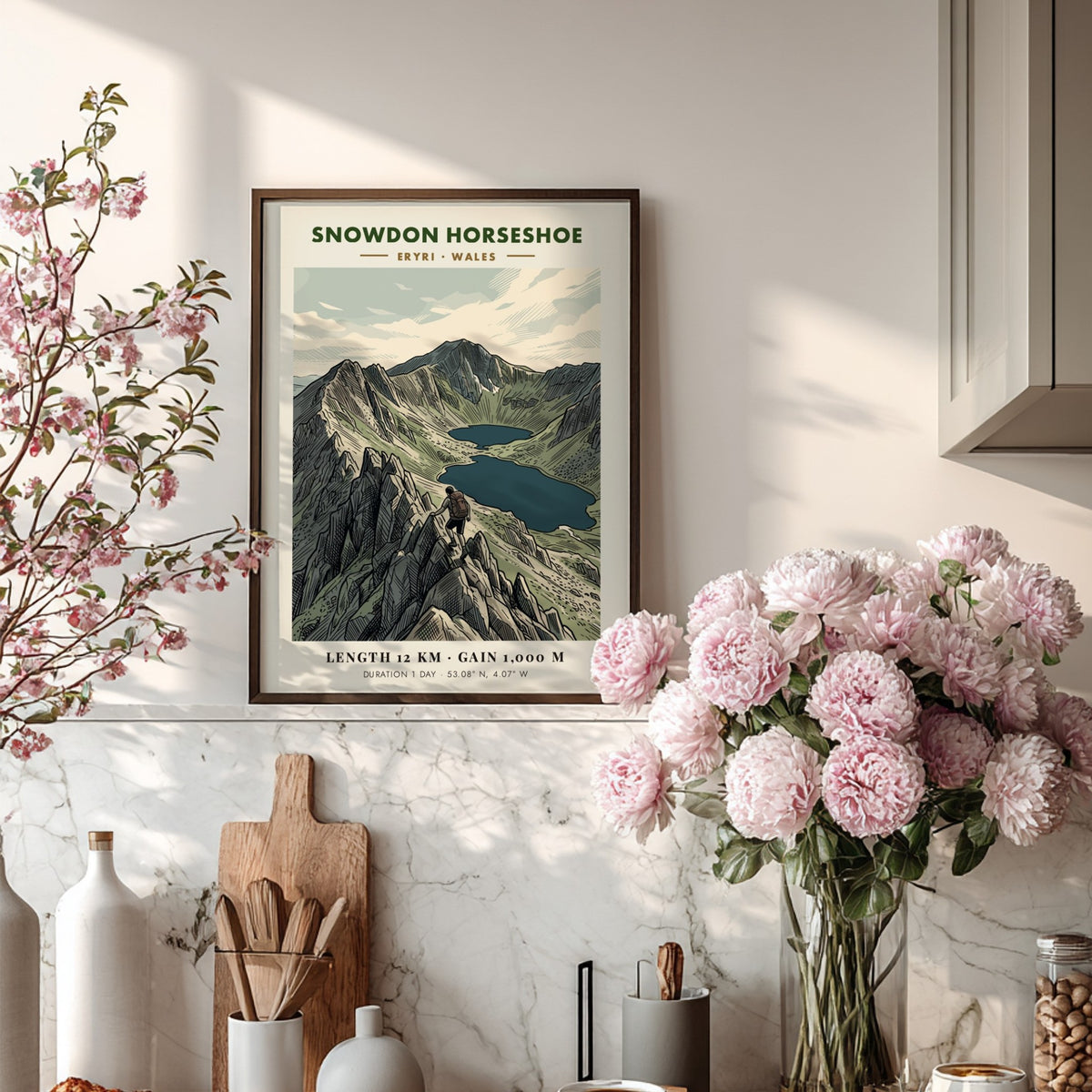 Hiking poster featuring the Snowdon Horseshoe in Eryri Wales with a lone climber.