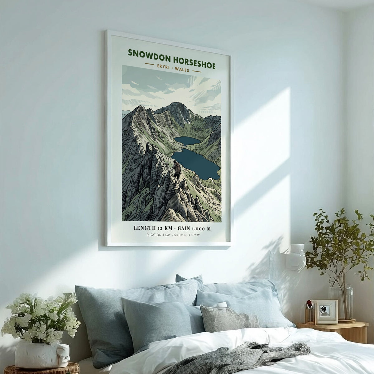 Hiking poster featuring the Snowdon Horseshoe in Eryri Wales with a lone climber.