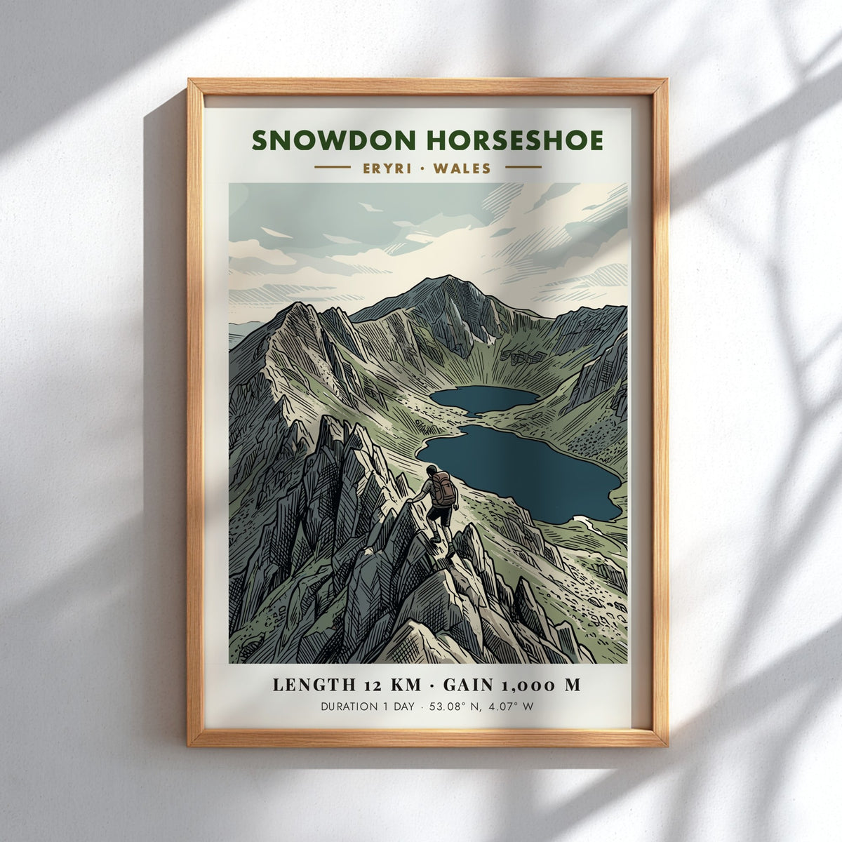 Hiking poster featuring the Snowdon Horseshoe in Eryri Wales with a lone climber.
