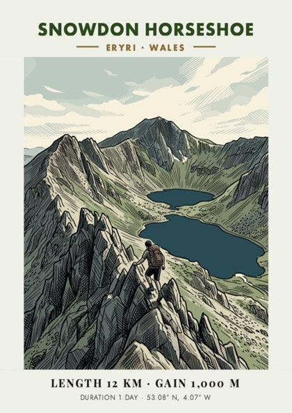 Hiking poster featuring the Snowdon Horseshoe in Eryri Wales with a lone climber.