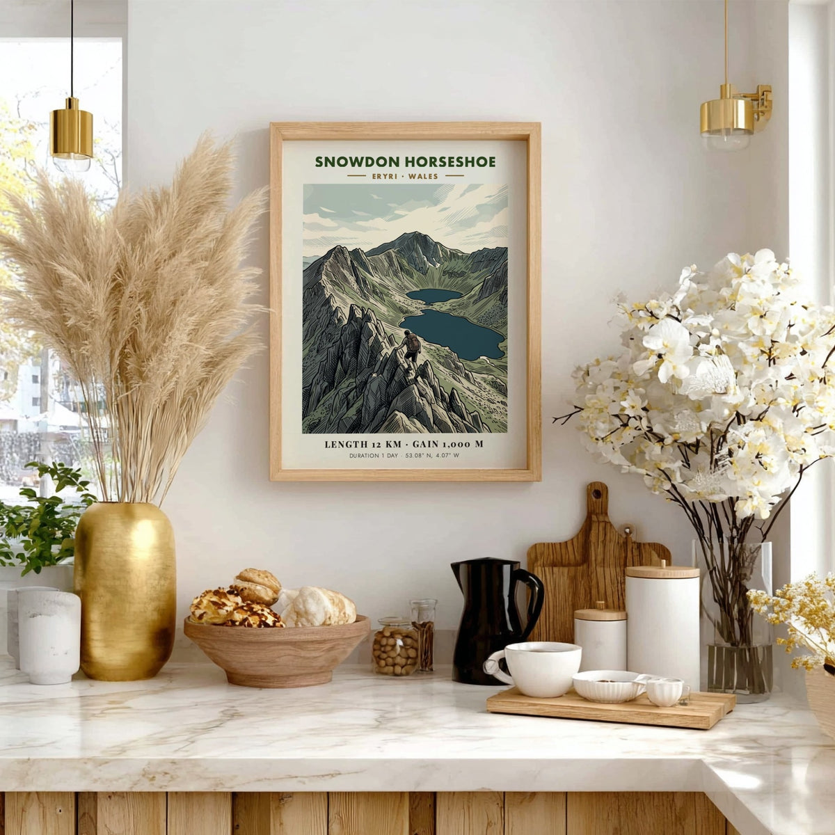 Hiking poster featuring the Snowdon Horseshoe in Eryri Wales with a lone climber.
