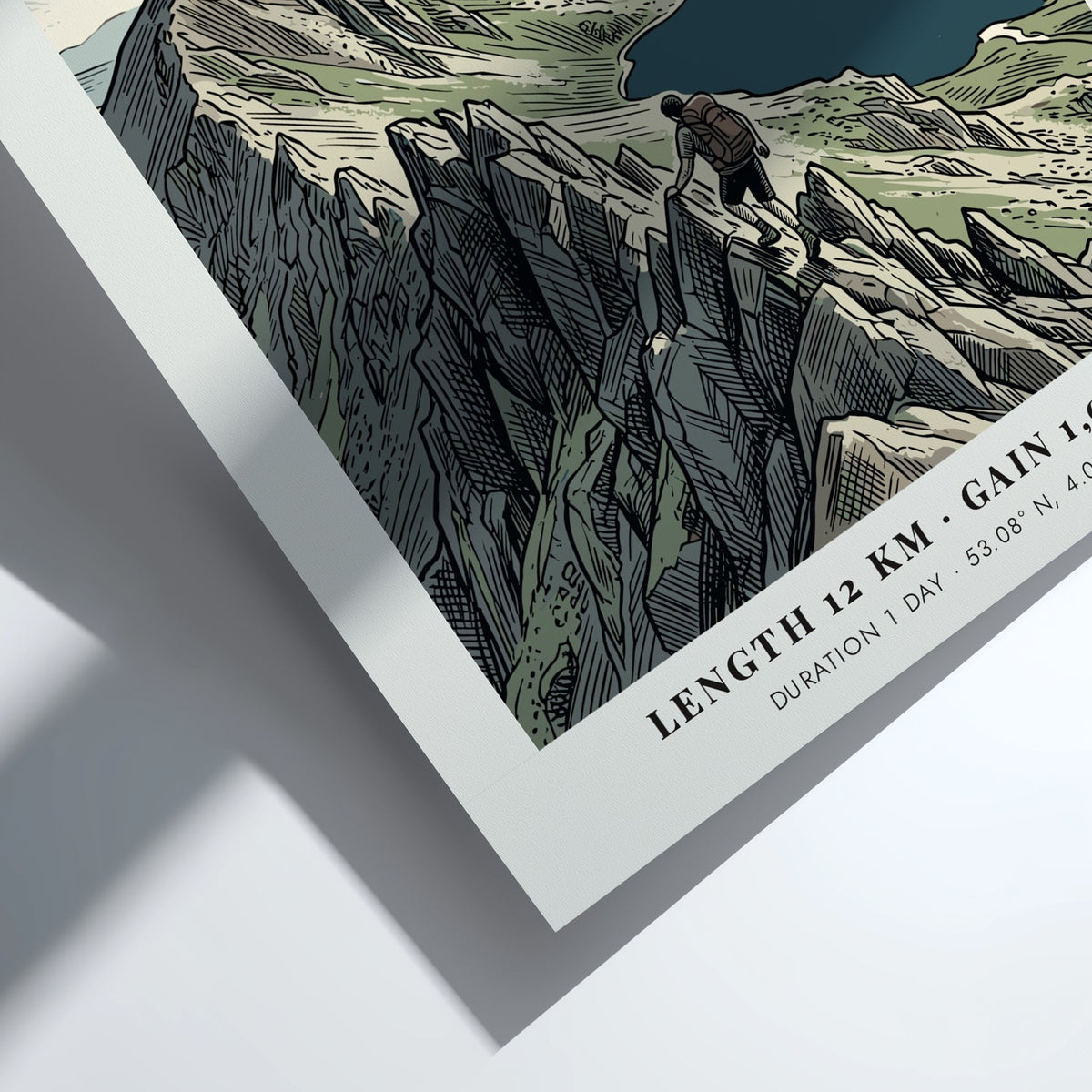 Hiking poster featuring the Snowdon Horseshoe in Eryri Wales with a lone climber.