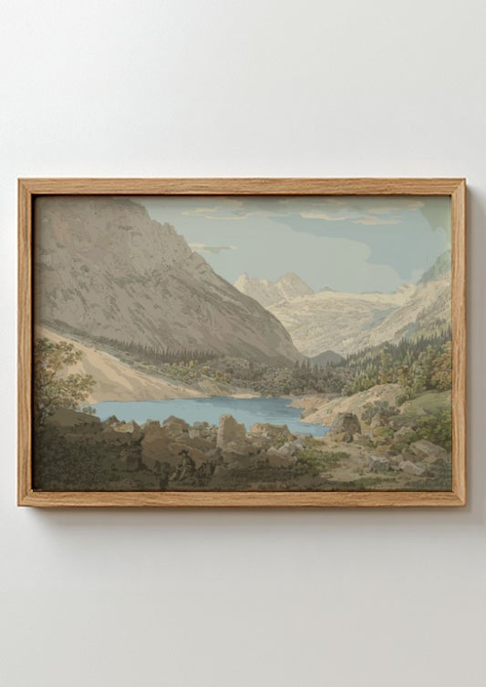 John Sell Cotman's Snowdon, North Wales drawing featuring a lake and mountains.