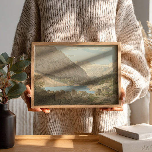 John Sell Cotman's Snowdon, North Wales drawing featuring a lake and mountains.