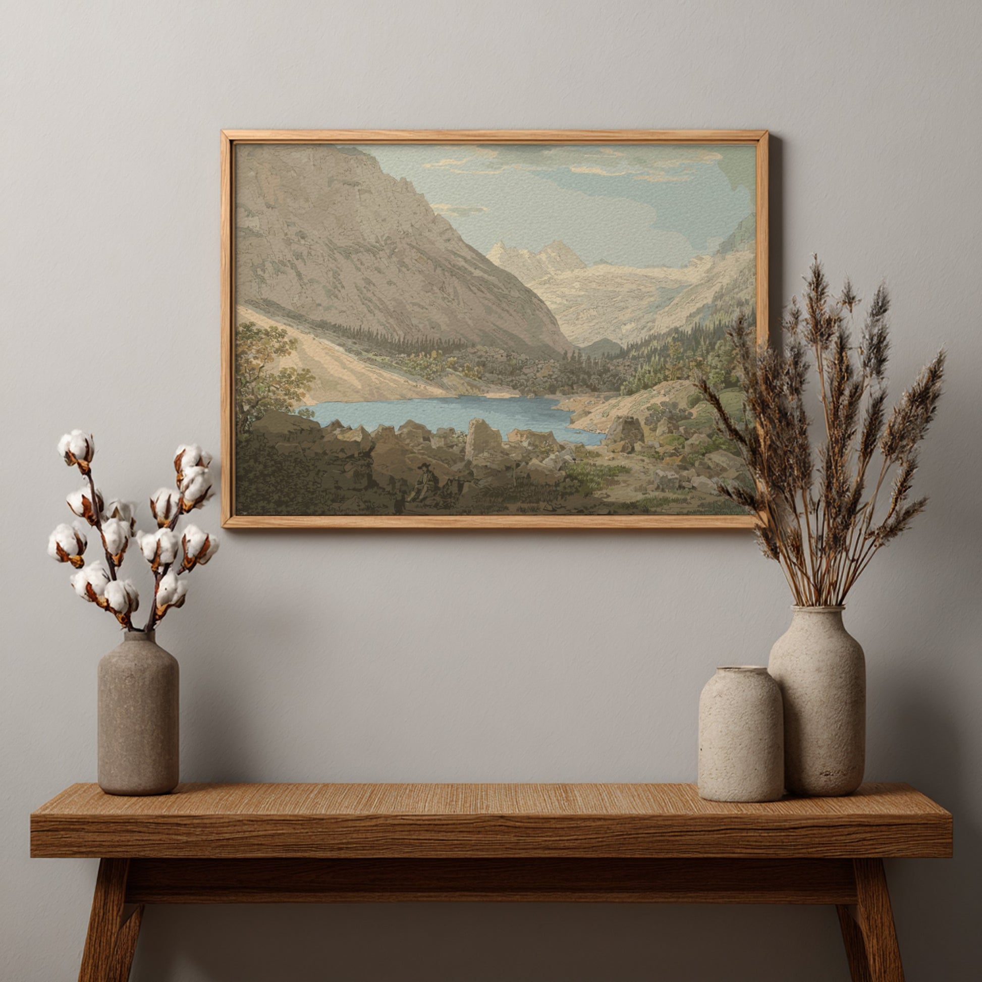 John Sell Cotman's Snowdon, North Wales drawing featuring a lake and mountains.