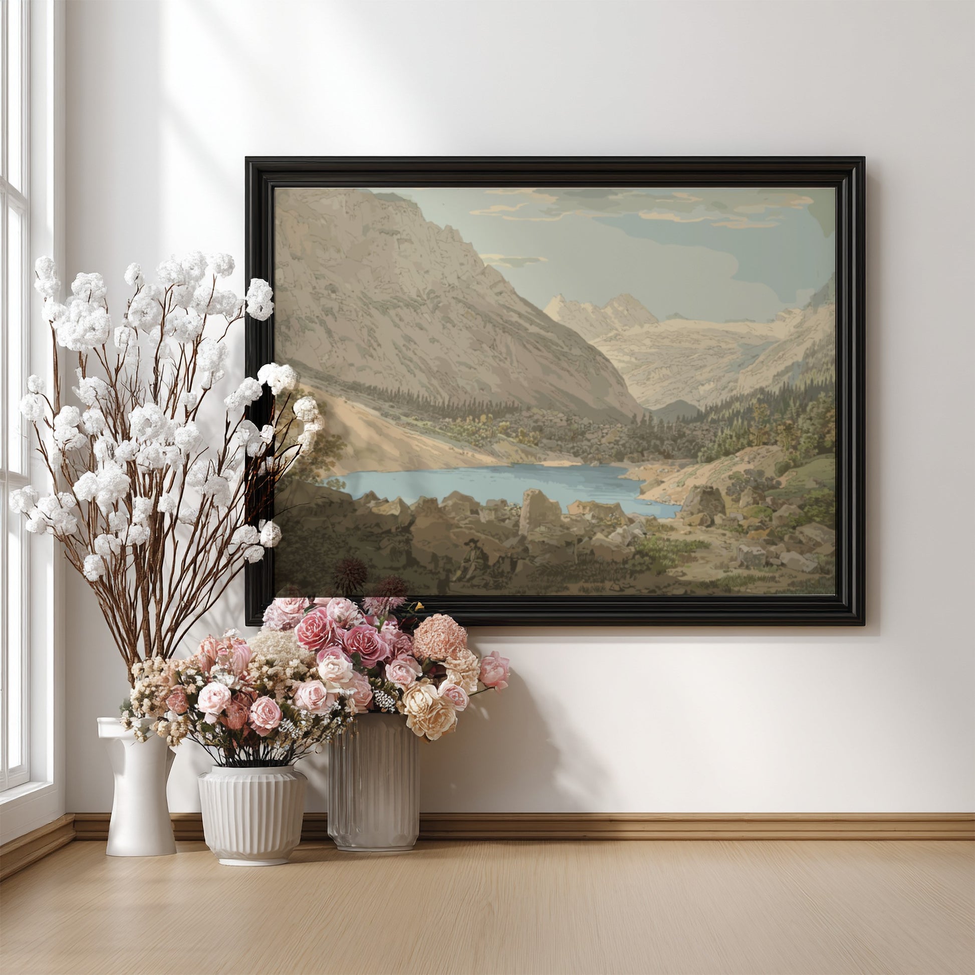 John Sell Cotman's Snowdon, North Wales drawing featuring a lake and mountains.