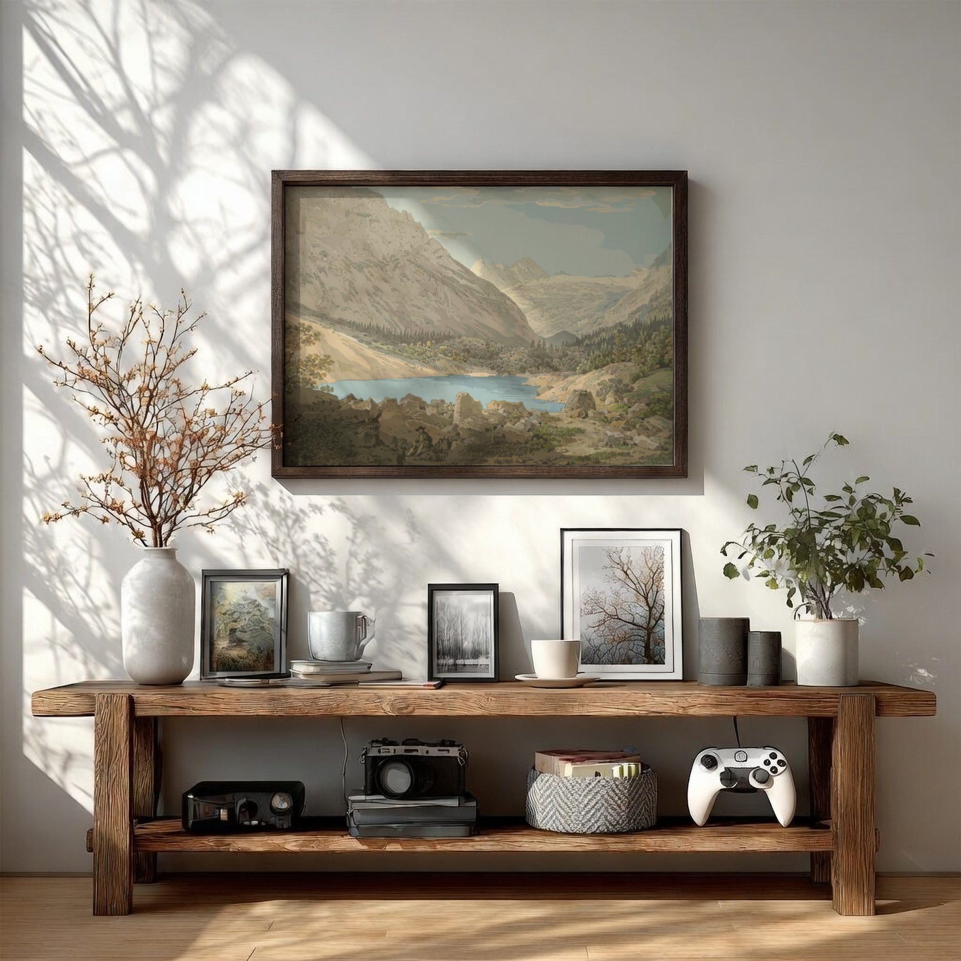 John Sell Cotman's Snowdon, North Wales drawing featuring a lake and mountains.