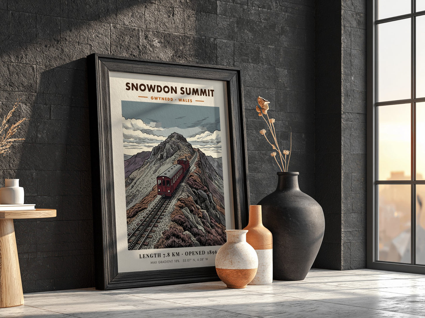 Poster of the Snowdon Summit red mountain train ascending a rocky Welsh peak.