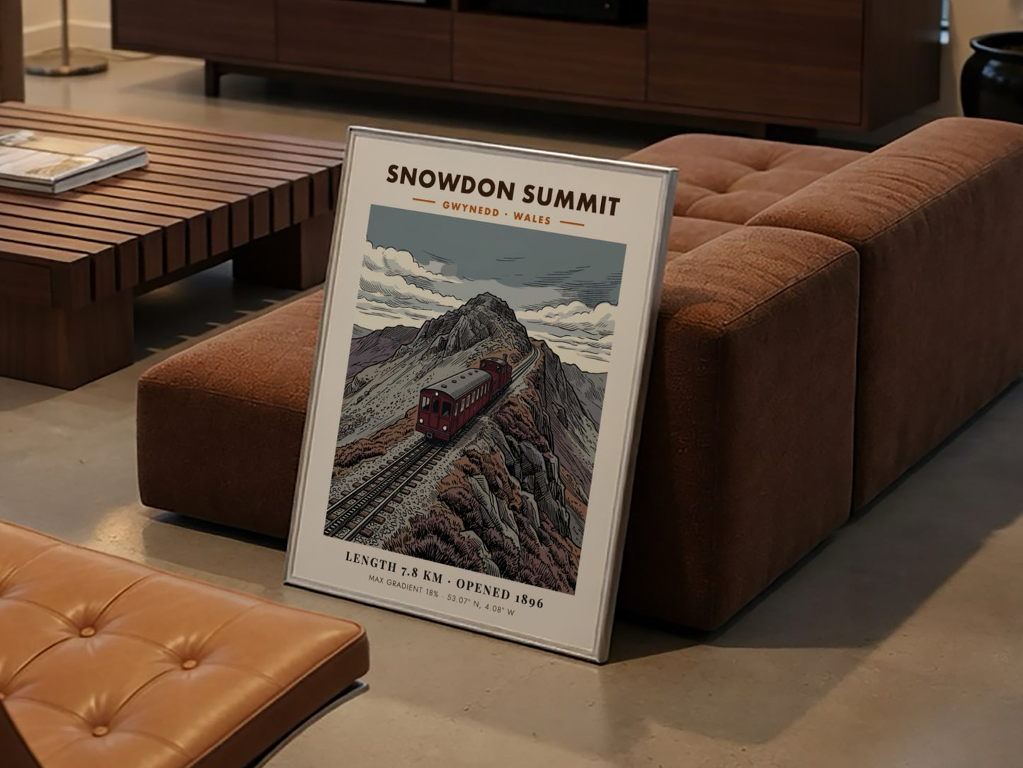 Poster of the Snowdon Summit red mountain train ascending a rocky Welsh peak.