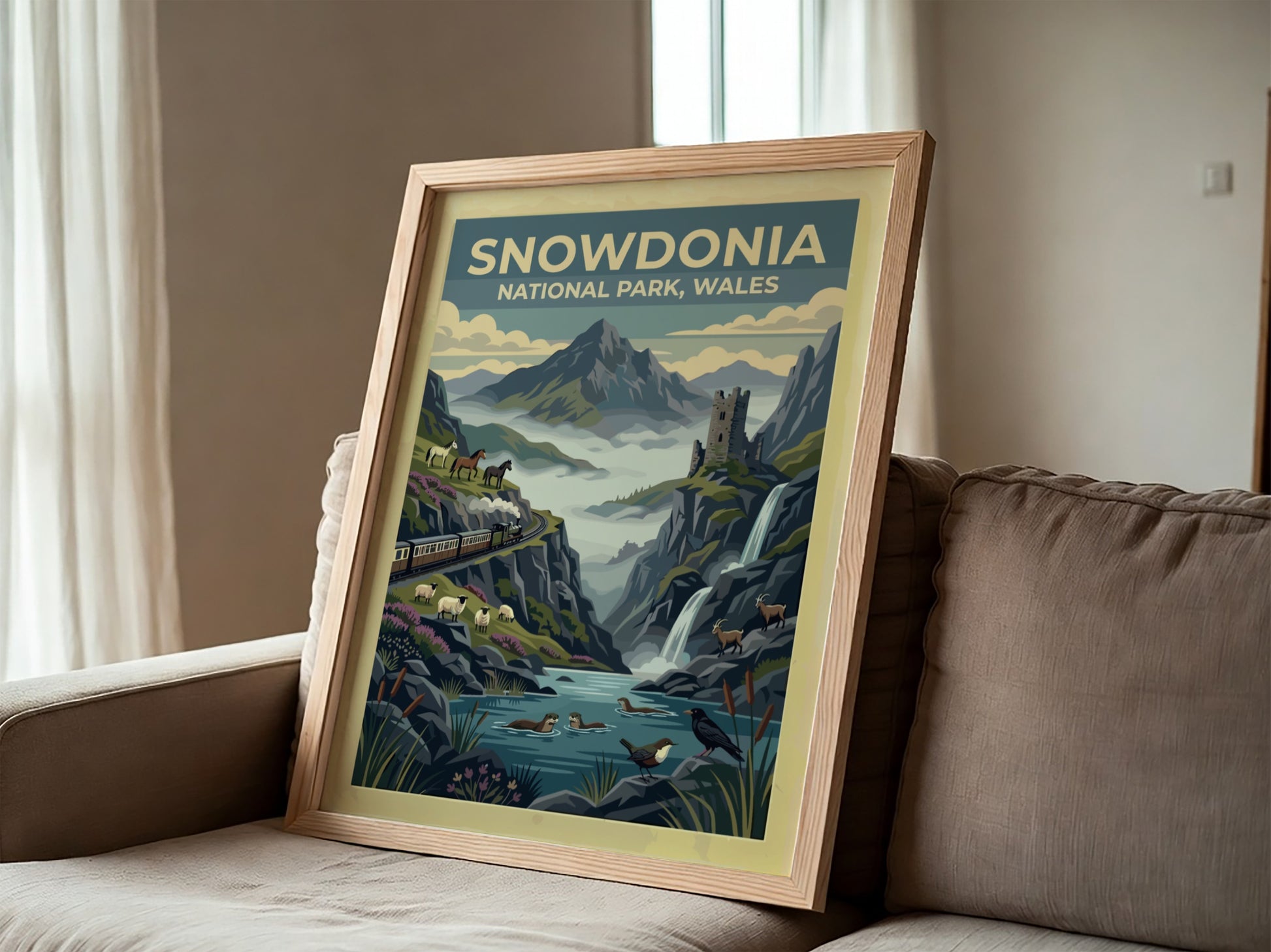 Travel poster of Snowdonia National Park Wales featuring mountains, a train, and ruins.