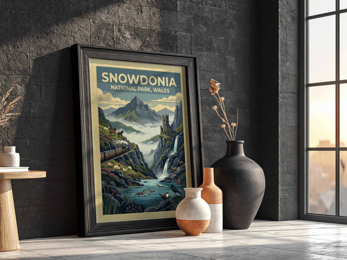 Travel poster of Snowdonia National Park Wales featuring mountains, a train, and ruins.