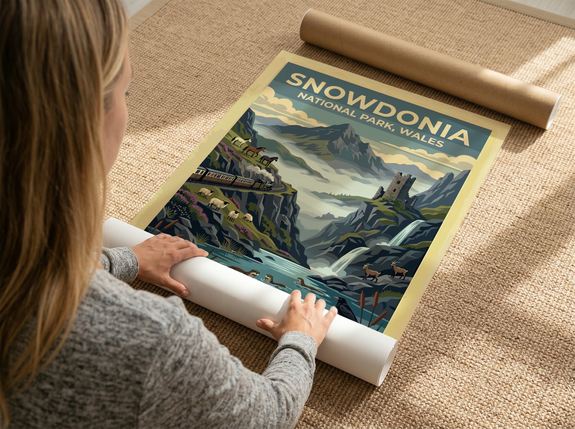 Travel poster of Snowdonia National Park Wales featuring mountains, a train, and ruins.