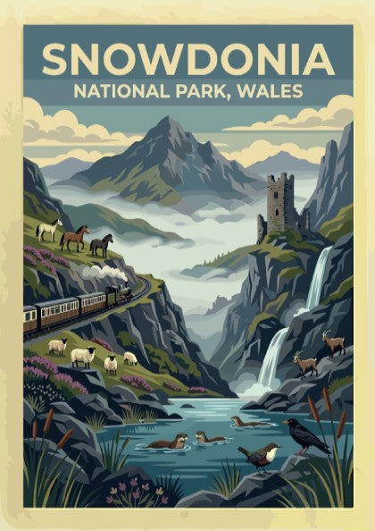 Travel poster of Snowdonia National Park Wales featuring mountains, a train, and ruins.