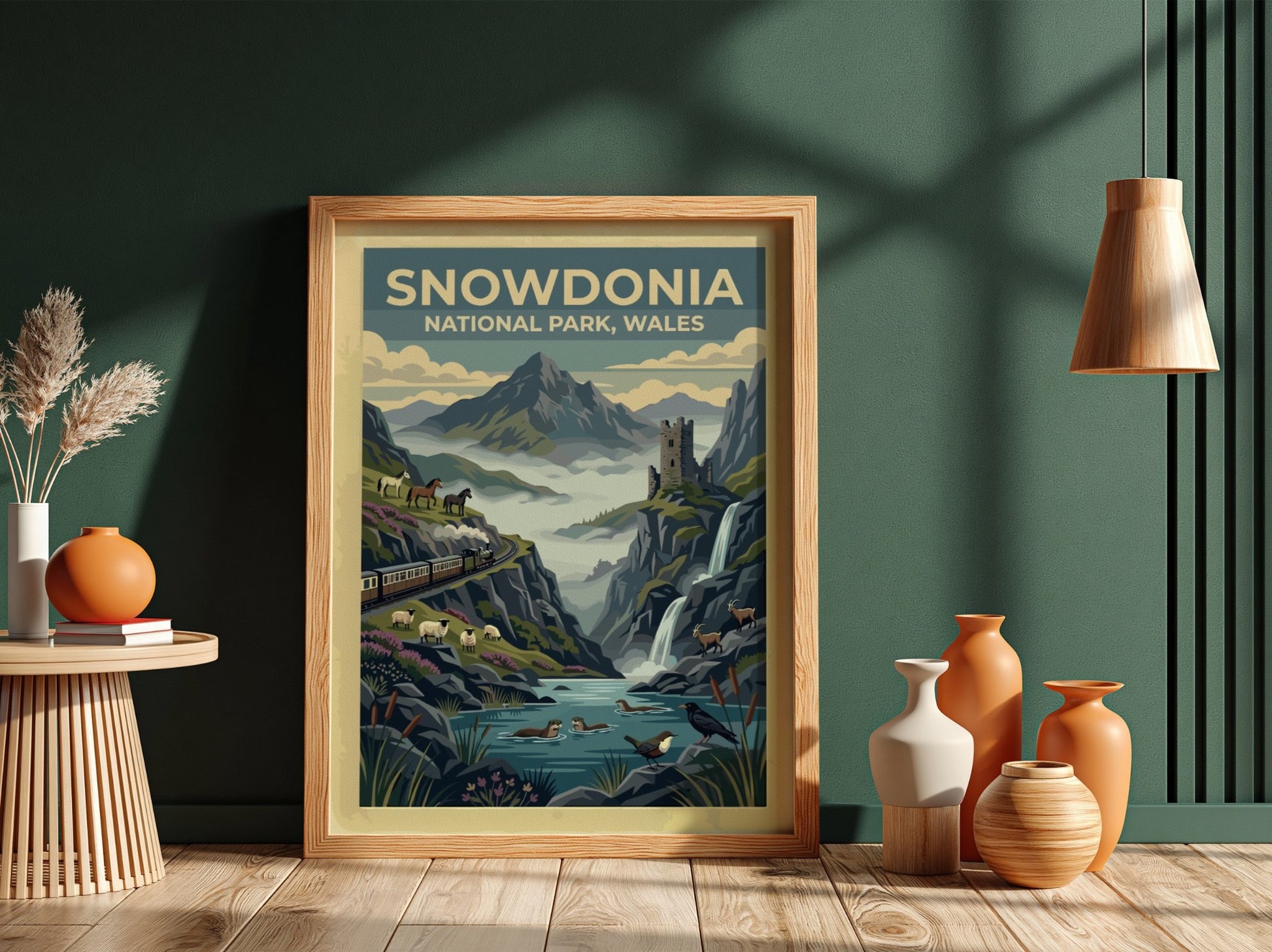 Travel poster of Snowdonia National Park Wales featuring mountains, a train, and ruins.