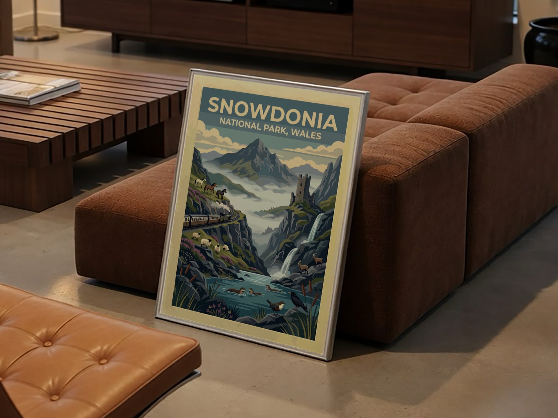 Travel poster of Snowdonia National Park Wales featuring mountains, a train, and ruins.